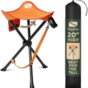 Foldable Tripod Stool - Ultra Portable Seat for Tall People, 20โ High - Hunting Chair & Hidden Zippered Pocket - 2 lb Camping Stool, 3 Legged Strong Steel Stool Holds up to 200 lb (Orange)