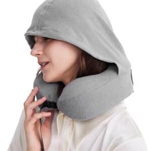 Travel Pillow with Hood for Airplane, 100% Pure Memory Foam Hooded Neck Pillow for Traveling, Car, Office, Soft, Machine Washable, Easy Storage, Gray