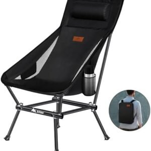 Camping Chair, Compact Backpacking Chair, Portable Folding Chair, Beach Chair with Side Pocket and headrest, Lightweight Hiking Chair 188ZZ-SJB(Black)