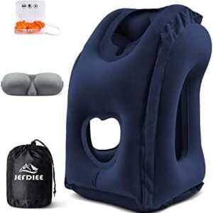 JefDiee Inflatable Travel Pillow, Airplane Neck Pillow Comfortably Supports Head and Chin for Airplanes, Trains, Cars and Office Napping with 3D Eye Mask, Earplugs and Portable Drawstring Bag (Blue)