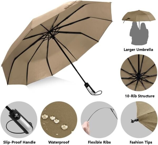 USA Folding Umbrella 10 Ribs Compact Travel Umbrella with Teflon Coating, Automatic Umbrellas Anti UV Coating Folding Umbrellas, Champagne - Image 3