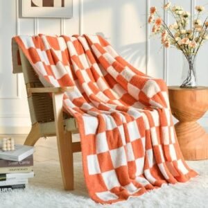 Checkered Throw Blanket for Couch, Orange Checkerboard Blankets with Soft Fluffy Microfiber for Bed Sofa, Cozy Knit Lightweight Decorative Travel Bed Blanket for Camping Picnic, 50"x60"