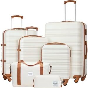 LONG VACATION Luggage Set 4 Piece Luggage ABS hardshell TSA Lock Spinner Wheels Luggage Carry on Suitcase (WHITE-BROWN, 6 piece set)