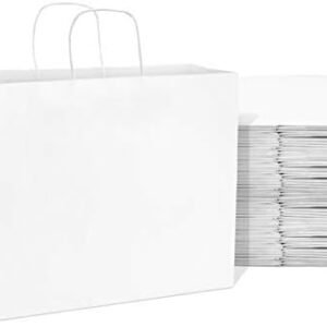 Prime Line Packaging 16x6x12 100 Pack White Paper Bags, Large Bags with Handles, Kraft Gift Bags for Small Business, Retail, Boutique, Shopping, Bulk
