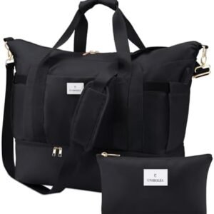 Weekender Bags for Women, Travel Duffel Bags with Shoe Compartment and USB Charging Port, Carry on Overnight Bag with Toiletry Bag for Gym, Maternity, Sports, Business Trip - Black