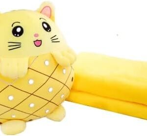Kids Stuffed Animal Travel Blanket and Pillow Set, Adorable 3 in 1 Multifunctional Fruit Plush Pillow with Hand Warmer Design, Perfect for Travel, Camping, Car, Home and Office (15") (Yellow)