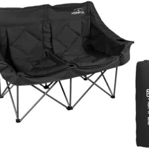 HOMFUL Double Camping Chair Oversized Folding Padded Loveseat Heavy Duty Camping Sofa with Cup Holder for Camping, Picnic, Beach(Black)
