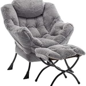 Lazy Chair with Ottoman, Modern Accent Chair Lounge Leisure Sofa Chair with Armrests, Reading Chair and Folding Footstool for Living Room, Bedroom, Office, Plush Grey