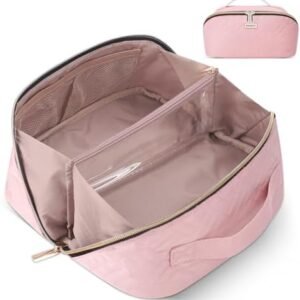 Travel Makeup Bag - 4L Compact Cosmetic Organizer Bag, Makeup Toiletry Travel Bag with Brush Holder & Multiple Compartments, Waterproof, Pink