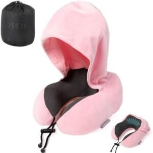 Travel Pillow with Hood, Neck Pillow for Airplane, Hooded Neck Pillow for Travel, Long Flight, Car, Plane, Office, Sleeping, 100% Pure Memory Foam Head Chin Support Airplane Pillow - Pink