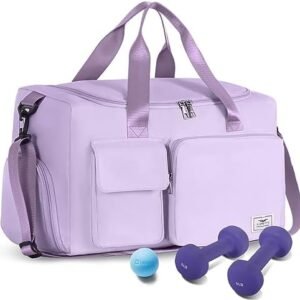 FIORETTO Sports Gym Duffle Bag with Shoes Compartment, Weekend Travel Overnight Bag for Women, Mens, Foldable Water Resistant Holdall Hospital Bag For Swimming, Basketball (Light Purple)
