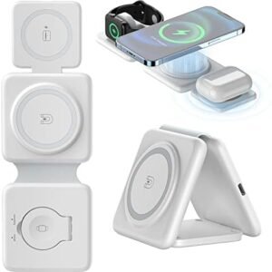 3 in-1 Wireless Charging Pad Magnetic Foldable Charger Station Fast Travel Charger for Multiple Devices Adapt with Phone, iWatch Series, AirPods 3/2(Adapter not Included)