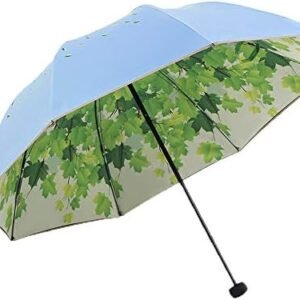 Green Tree Leaf Folding Travel Sun Umbrella Sunblock UV Protection UPF 50+ Rain Resistant Compact Size Parasol Fold into Purse