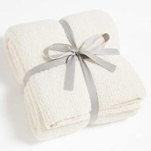 CYMULA Knit Throw Blanket for Couch Cream White - Super Soft Lightweight Plush Fuzzy Fluffy Cozy Blankets and Throws for Sofa Bed, 50 x 60 inches