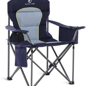 GREEN PARTY Folding Camping Chairs Oversized Heavy Duty Lawn Chair with Cooler Bag, Cup Holder, Storage Pocket, Collapsible Padded Outdoor Arm Chair, Quad Lumbar Back Chair Supports 450LBS