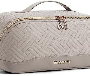 BAGSMART Makeup Bag Cosmetic Bag, Travel Makeup Bag,Water-resistent Makeup Bags for Women Portable Pouch Open Flat Make Up Organizer Case for Toiletries, Brushes, Tranquil Gray