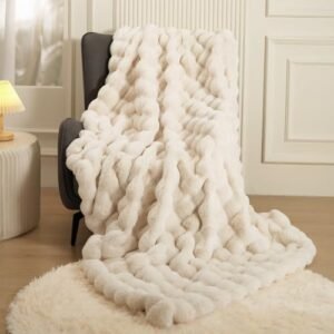 Super Comfort Oversized Warm Thick Bubble Double Sided Plush Rabbit Faux Fur Throw Blanket, fluffy blanket,Soft Cozy Blanket for Couch Chair Bed Sofa Living Room,White50'' x 60''