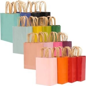 qiqee 32-Packs Paper Bags with Handles Bulk 7.6"x4.75"x10.5" Medium Gift Bags 16 Different Senior Color Bags Multiple Uses(Medium Size)
