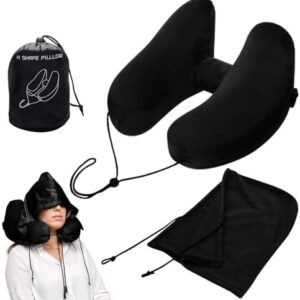 Inflatable Travel Pillows for Airplanes,Inflatable Neck Pillow,Travel Pillow With Hood,Inflatable Travel Pillow,Support Head Airplane Pillow, Travel Essentials For Plane Car Train Sleeping (Black)