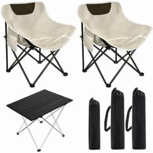 Folding Camping Chair Set of 3,Lightweight Camp Chairs with Table,Large Lawn Chair Portable for Adults Hiking,Fishing,Beach,Picnic,Patio,Travel,Carry Bag(L)
