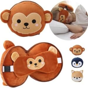 ecoZen Lifestyle Travel Pillow Set with Eye Mask - Comfort for Traveling Kids - Soft and Supportive Neck Pillow, Perfect for Plane, Car, or Train Journeys - Monkey Design