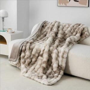 Faux Rabbit Fur & Flannel 50x60 Inch Throw Blanket, Luxury Fuzzy Cozy Soft Blanket for All Seasons,Cosy Breathable Blanket for Bed,Sofa,Couch and Camping,Tie Dye Brown