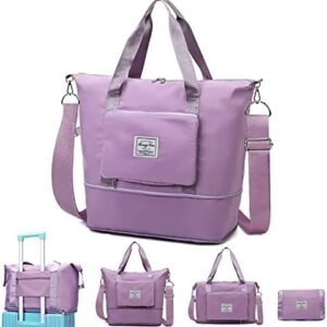 Foldable Travel Duffel Bag,Weekender Bags for Women,Expandable Travel Gym Duffel Bag with Trolley Sleeve Wet Pocket,Carry On Tote Overnight Bags for Women,Travel Bag Tote with Shoulder Strap