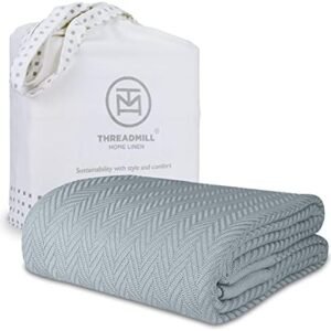 Threadmill Luxury Cotton Blankets for King Size Bed | All-Season Cozy 100% Cotton King Size Blanket | Herringbone Soft & Lightweight Fall Thermal Blanket fits Cal King Size Bed | Scottish Grey