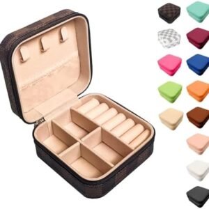Small Travel Jewelry Box, Portable Mini checkered Jewelry Leather Box Jewelry Ring Organizer Case Storage Holder Gift Boxes for Girls Women, black and Brown checkerboard