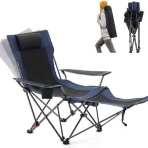 Reclining Camping Chair with Foot Rest, Folding Lounge Chair for Adults,Outdoor Chair Support 300 lbs with Adjustable Backrest &Cup Holder Portable Recliner Beach Chair for Lawn Outside,Navy