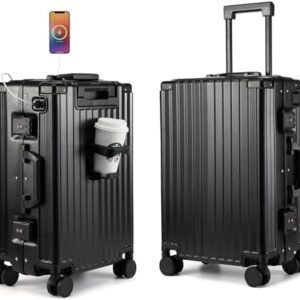 MYER Hard Shell Carry On Luggage 22x14x9 Airline Approved,20 Inch Aluminum Luggage with 100% 3-Layer PC,Carry On Suitcases with Wheels,Cup Holder and USB Port (Classic Black, 20 inch)