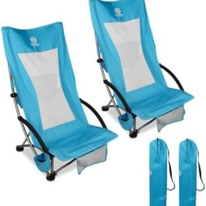 Colorsoul 2-Pack Foldable Beach Chairs High Back Portable Backpack for Adults with Cooler Bag,Mesh Back,Cup Holder, Carry Bag for Outdoor Sand Camping Lawn Concert Travel,Blue