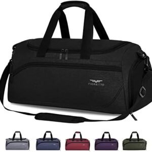 FIORETTO 35L Mens Sports Gym Duffle Bag with Wet Pocket & Shoe Compartment, Overnight Weekender Bag with Padded Shoulder Strap, Ideal for Travel, Gym, Sports, Swimming, Black