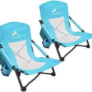 Oileus Low Beach Chair for Beach Tent/Shelter/Camping/Outdoor Ultralight Backpacking Folding Recliner Chairs with Cup Holder/Storage Bag, Carry Bag, Breeze Mesh Back, Compact Duty 2 Pcs