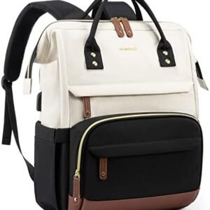 LOVEVOOK Laptop Backpack for Women, 15.6 Inch Work Business Backpacks Purse with USB Port, Large Capacity Nurse Bag College Bookbag for School, Waterproof Casual Daypack for Travel,Black-White-Brown