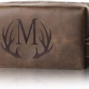 Mens Toiletry Bag Personalized Christmas Thanksgiving Birthday Gifts for Men Initial PU Leather Waterproof Shaving Bag for Toiletries Accessories Travel Essential for Dad Husband Boyfriend (M)