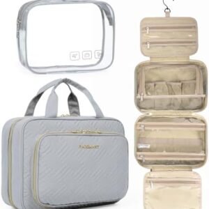 BAGSMART Toiletry Bag Hanging Travel Makeup Organizer with TSA Approved Transparent Cosmetic Bag Makeup Bag for Full Sized Toiletries, Medium-Grey