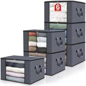 Fab totes 6 Pack Clothes Storage, Foldable Blanket Storage Bags, Storage Containers for Organizing Bedroom, Closet, Clothing, Comforter, Organization and Storage with Lids and Handle, Grey