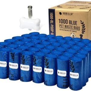 GORILLA SUPPLY 1000 Dog Poop Waste Bags with Dispenser and Leash Tie, 9" x 13", Blue, 1000 Count