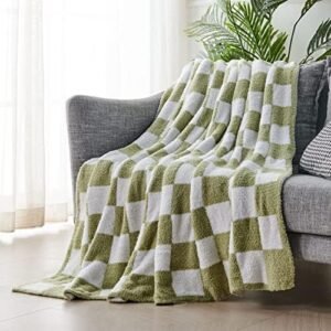 Throw Blankets Checkered Reversible Microfiber Blankets, Super Soft Warm Cozy Fluffy Blankets for Couch Bed Sofa Camping Travel (Green, 60"x80")