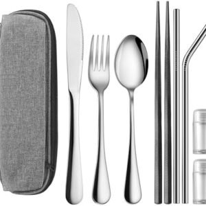 Travel Utensils Set with Splash-poof Bag, Portable Cutlery for Work, Reusable Camping Silverware Utensil, 18/0 Stainless Steel Flatware for Adult Lunch Picnic Hiking EDC Gadgets Lunch Box