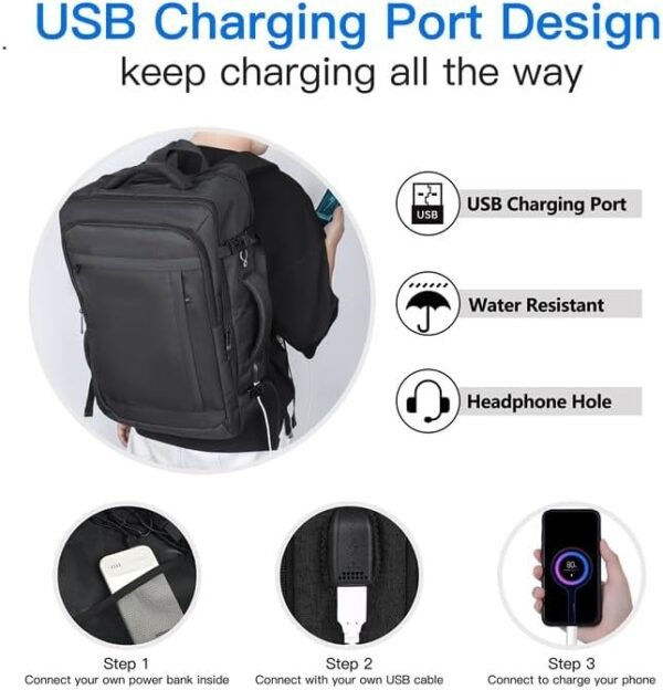 Extra Large Travel Backpack,Carry On Backpack with USB Charging Port & Anti Theft Pocket, TSA 17.3inch Laptop Backpack Flight Approved, 50L Travel Bag for Weekender Business Hiking, Black - Image 5