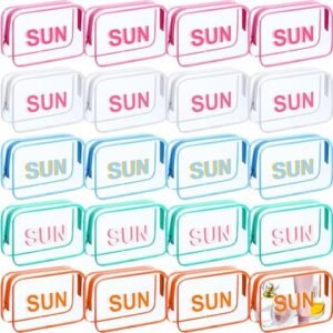 20 Pcs Clear Letter Makeup Bag SUN Cosmetic Bag Shadow Monogram Clear PVC Bag Transparent Waterproof Makeup Organizer Bag Traveling Cosmetic Accessories for Women Girl Summer Gift (Sun)