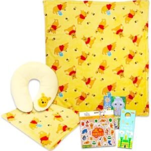 Disney Winnie The Pooh Travel Set for Kids- Bundle with Winnie The Pooh Blanket and Neck Pillow Plus Sticker Activity Book, More Winnie The Pooh Travel Accessories Set