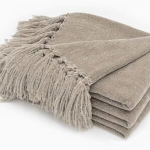 EVERGRACE Soft Chenille Throw Blanket for Couch, Cozy Plush Fuzzy Decorative Chenille Knit Throw Blanket with Tassels, Lightweight Blanket and Throws for Bed Sofa Gift Home Decor, Taupe 50"x60"