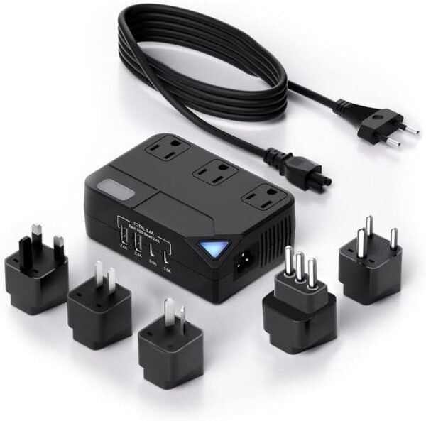 Universal Travel Converter，250W Voltage Converter with 2 USB and 2 USB-C Charging Ports and 3 AC Plugs for curlers, straighteners, Included Plugs are Type A, C, D, G, I, L