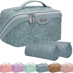 Travel Makeup Bags Cosmetic Organizer Bag: 3-Set Large Capacity Make up Bag - PU Leather Toiletry Bag for Women - Wide Open Portable Pouch with Divider & Handle 01-Light Blue